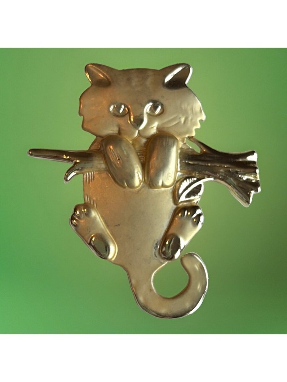 Vintage AJC Gold Tone Cat Kitten Pin Brooch Matte & Shiny Hanging On Branch